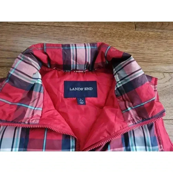Lands's End Plaid Puffer Vest Women’s Size Large Holiday Americana Red & Navy - Picture 2 of 7